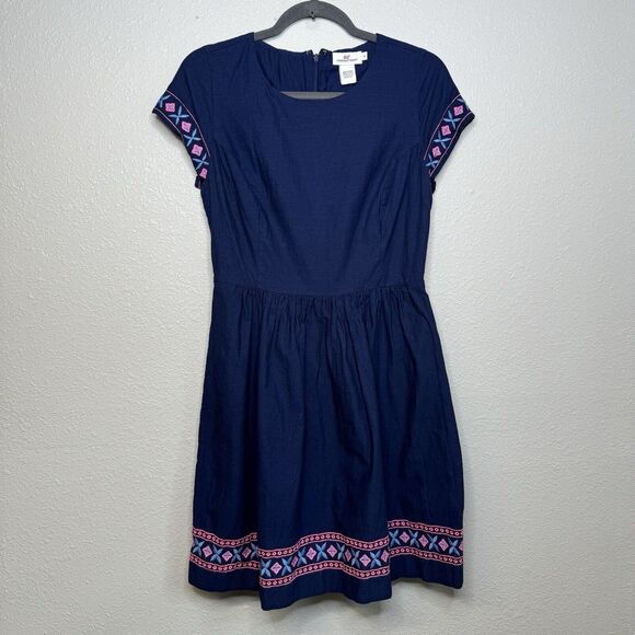 Vineyard Vines Womens Deep Bay Navy Embroidered Fit & Flare Mini Dress Size 4 - Picture 1 of 4